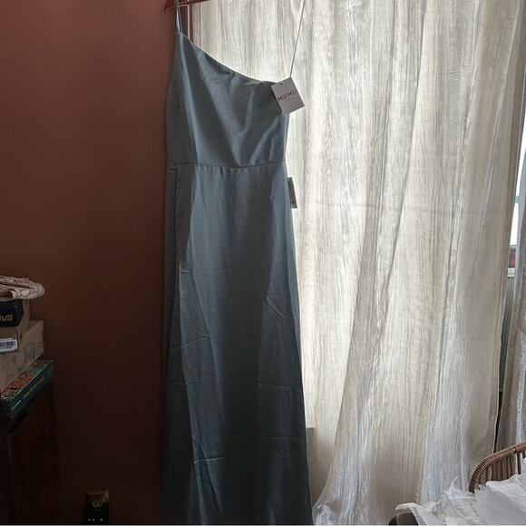 Show‎ Me Your Mumu Shannon One Shoulder Dress Maxi Silver Sage Luxe Satin NWT L - Picture 2 of 8